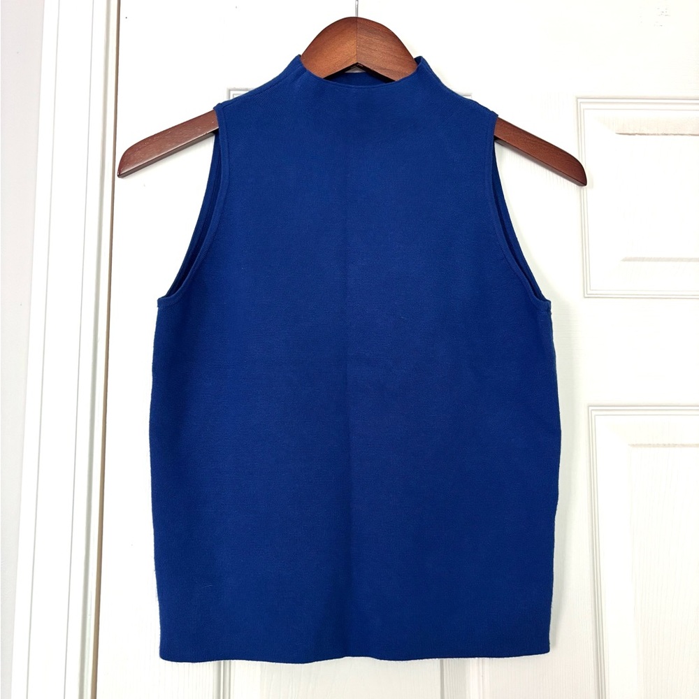 Milly Blue Ribbed Sleeveless Tank Top with Mandarin Collar